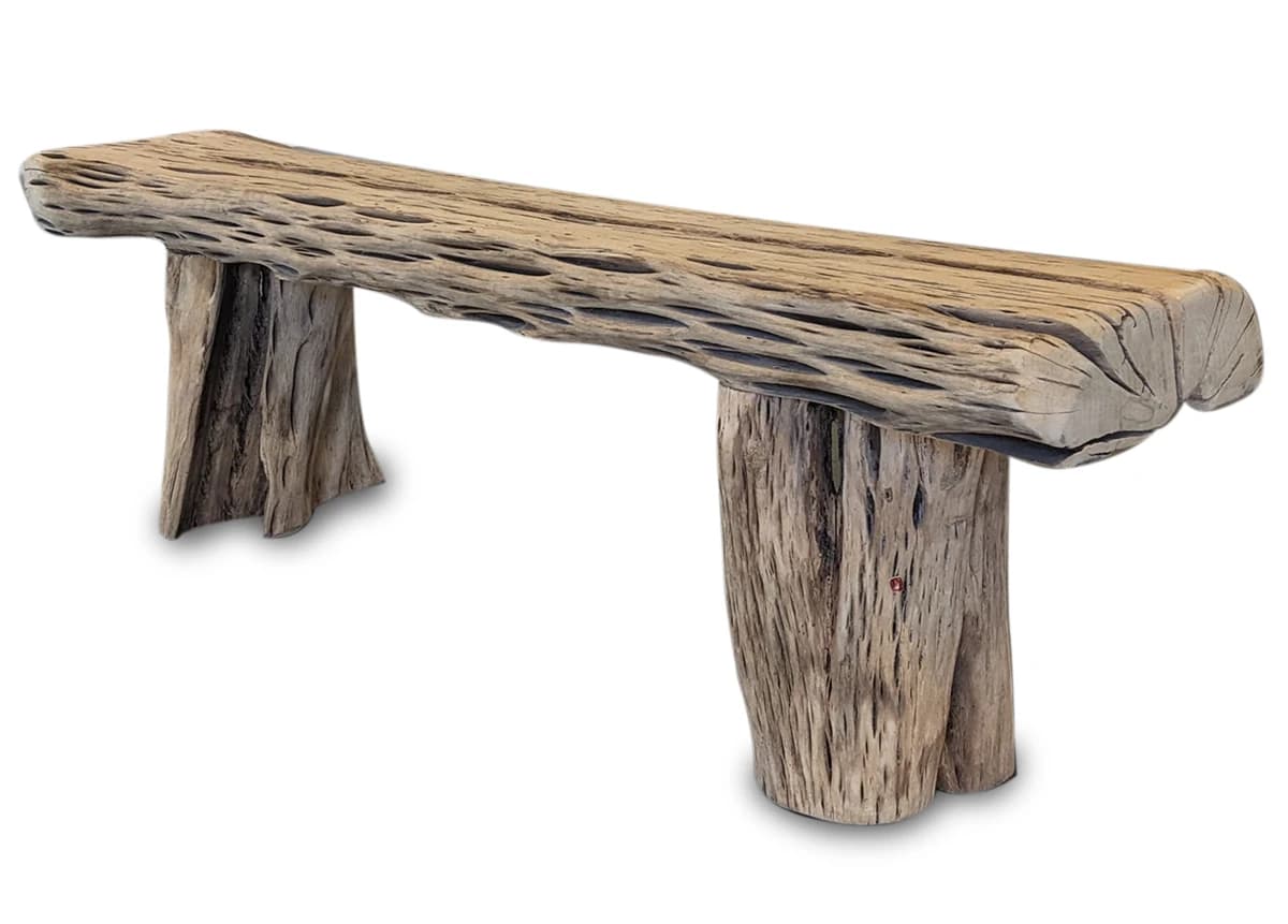 Rustic carved wood bench from the gallery's home decor collection